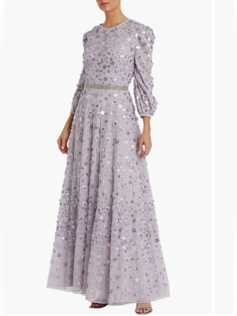 MAC DUGGAL Floral Appliqué Puff Sleeve High Neck A Line Gown in Lavender 10 NWT